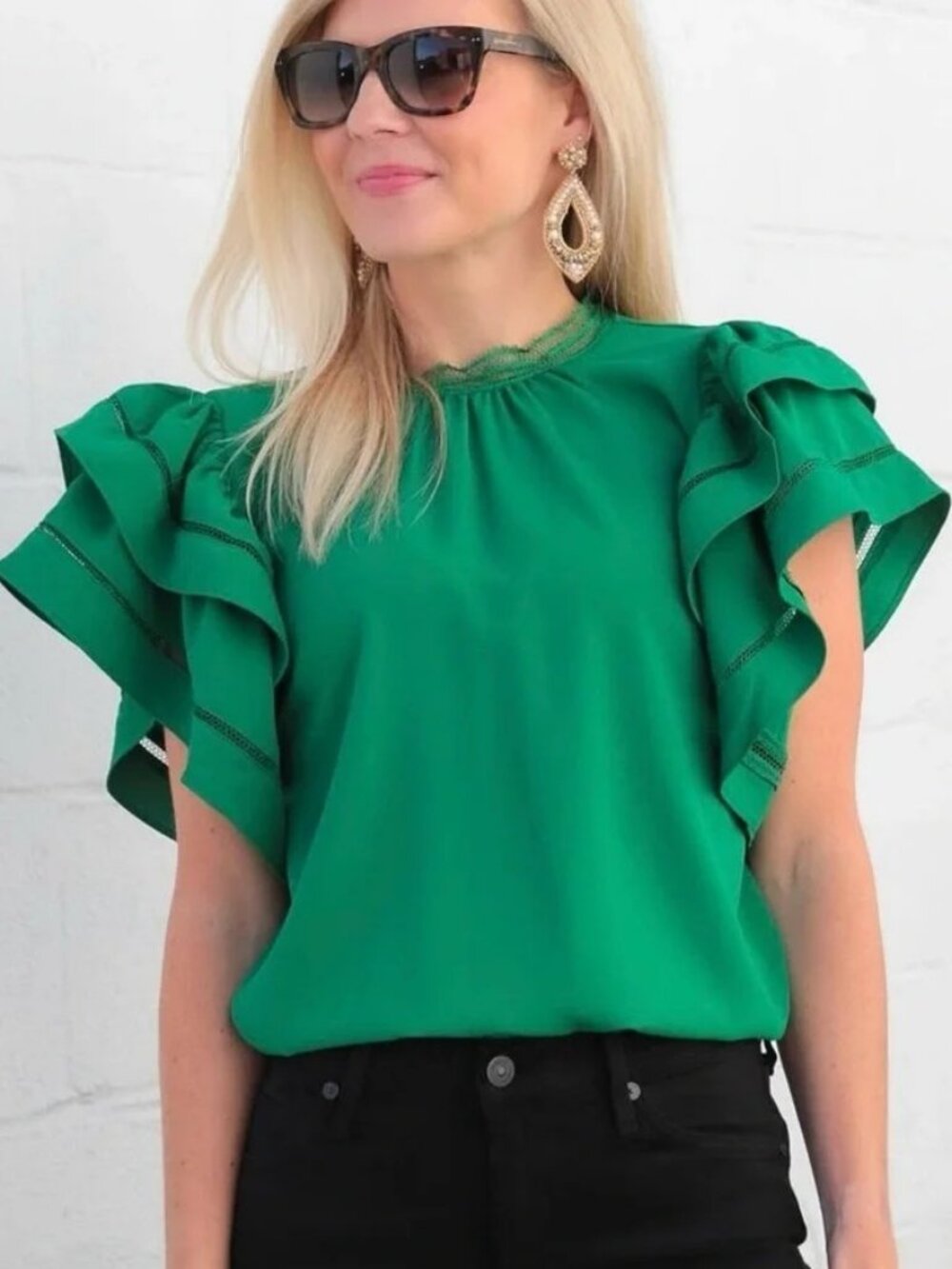 Strut and Bolt Double Layer Ruffle Sleeve Green Top ** Size L